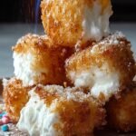 A plate of golden brown deep fried marshmallows dusted with powdered sugar