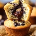 Golden chocolate chip muffins with a melty hazelnut spread center on a wire cooling rack.