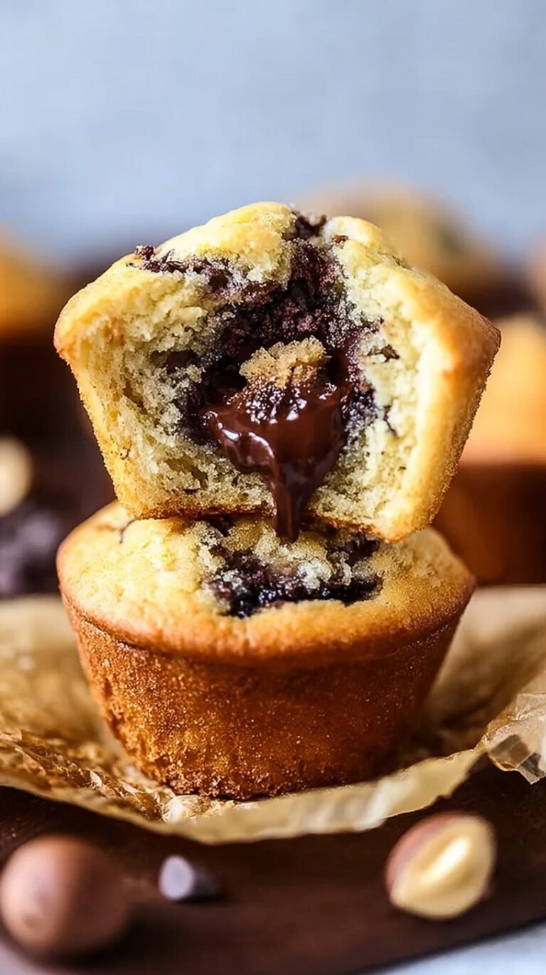 Golden chocolate chip muffins with a melty hazelnut spread center on a wire cooling rack.