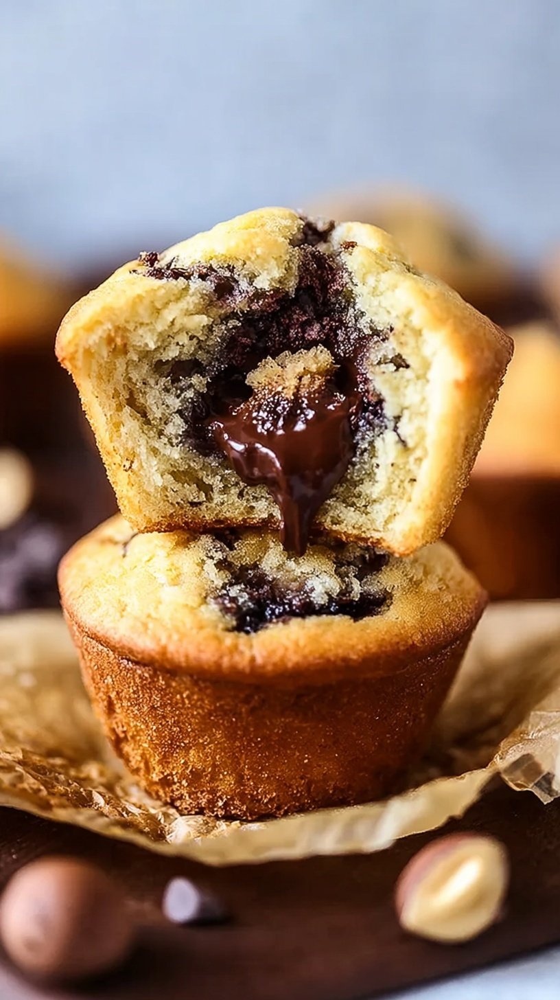 Golden chocolate chip muffins with a melty hazelnut spread center on a wire cooling rack.