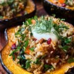 Two roasted acorn squash halves filled with a colorful rice, carrot, and cranberry mixture on a baking sheet.