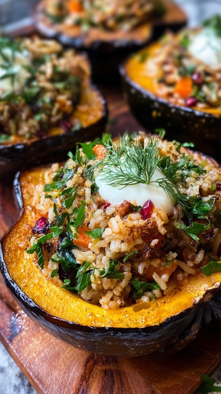 Two roasted acorn squash halves filled with a colorful rice, carrot, and cranberry mixture on a baking sheet.