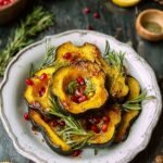 Slices of roasted acorn squash with maple glaze and toasted pecans on a baking sheet