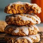 A stack of soft-baked pumpkin oatmeal cookies drizzled with white cinnamon glaze on a wire cooling rack.