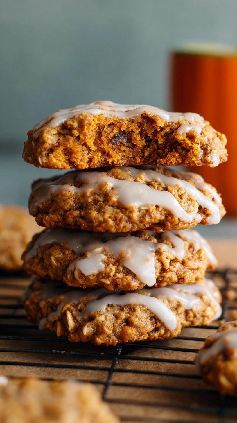 A stack of soft-baked pumpkin oatmeal cookies drizzled with white cinnamon glaze on a wire cooling rack.