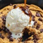 A warm pumpkin chocolate chip skillet cookie with melted chocolate and golden edges in a cast iron pan.