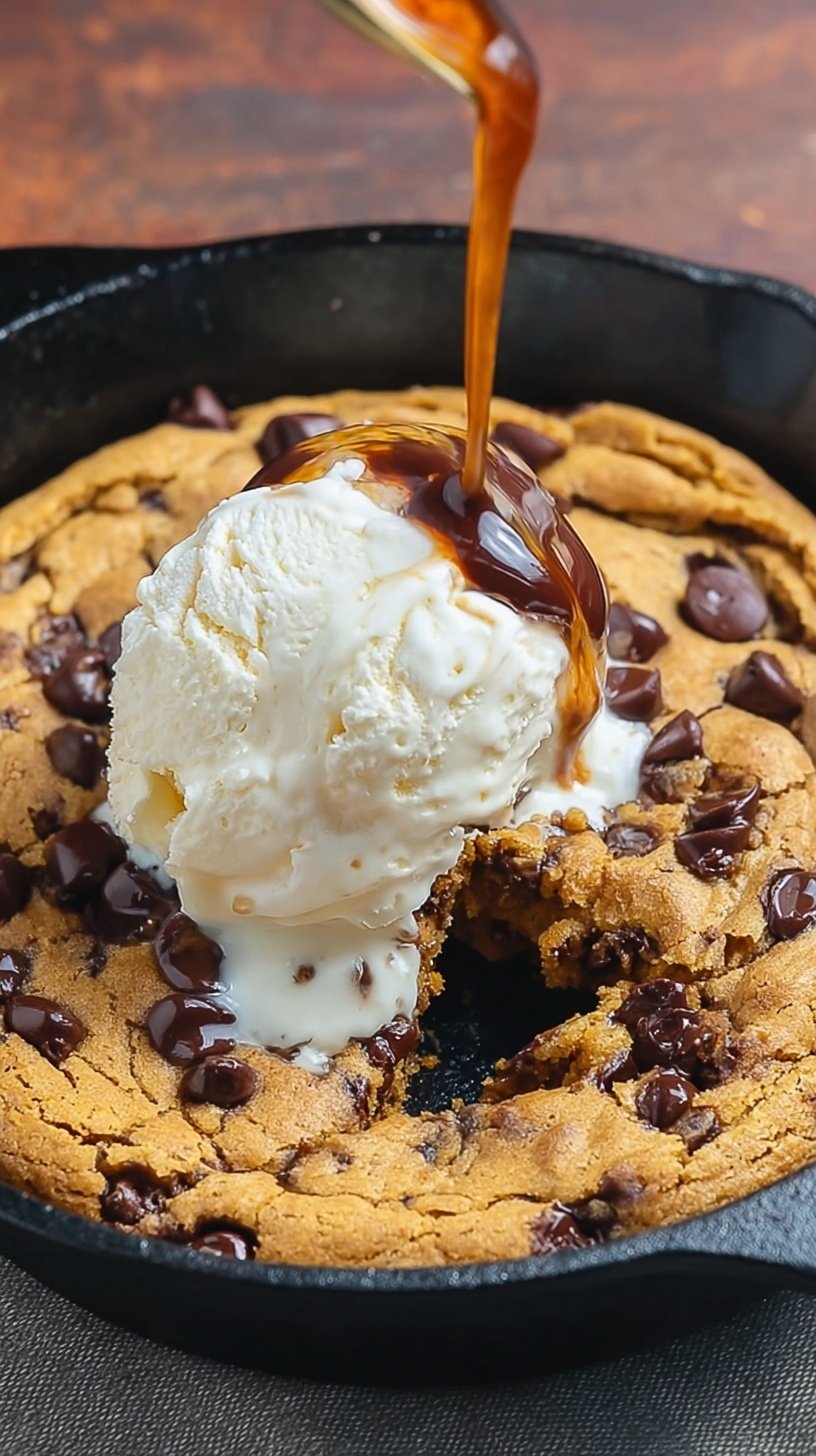 A warm pumpkin chocolate chip skillet cookie with melted chocolate and golden edges in a cast iron pan.