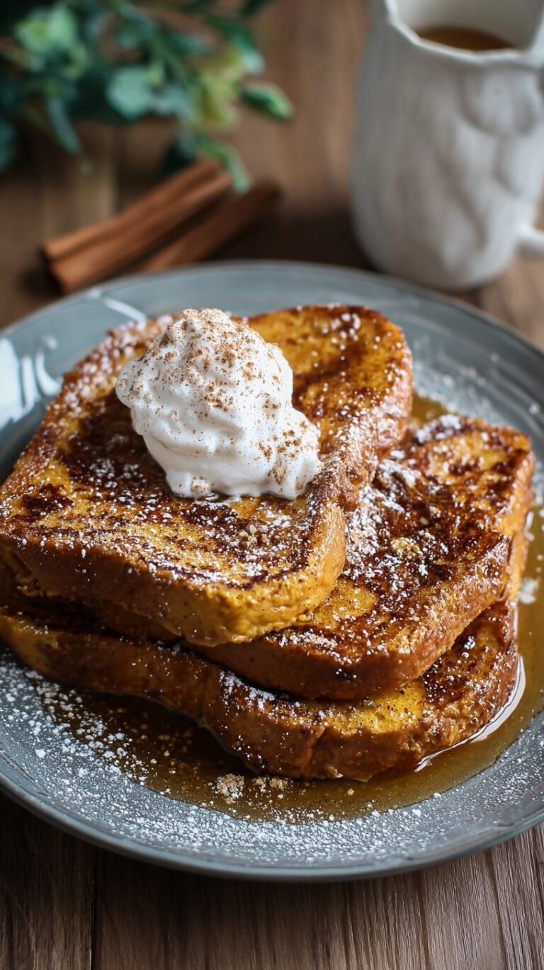 Golden brown slices of Pumpkin Spice French Toast topped with maple syrup and a dusting of cinnamon.