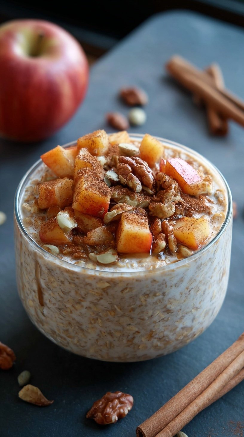 A bowl of creamy oatmeal topped with golden brown caramelised apples and a sprinkle of cinnamon.