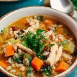 A steaming bowl of chicken farro soup with shredded chicken, carrots, and greens.