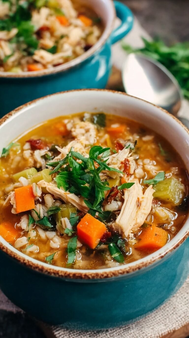 A steaming bowl of chicken farro soup with shredded chicken, carrots, and greens.