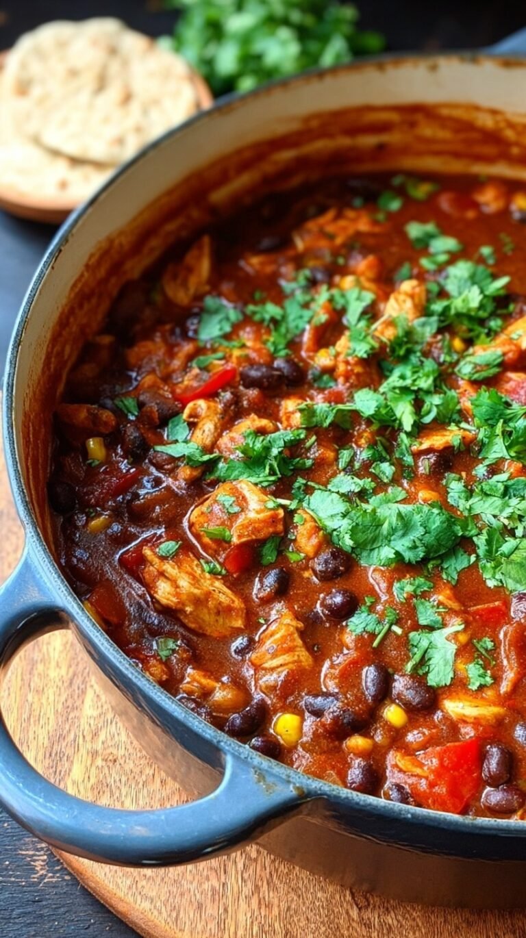 A steaming bowl of Mexican chicken chili topped with fresh avocado and cilantro in a dark ceramic bowl.