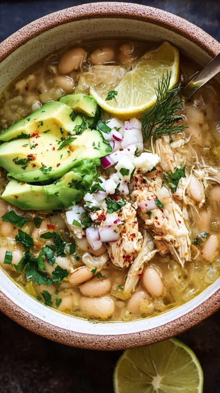 A bowl of creamy white chicken chili topped with fresh cilantro and lime