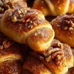 Golden brown pecan pie crescents on a baking sheet with bubbling caramel filling