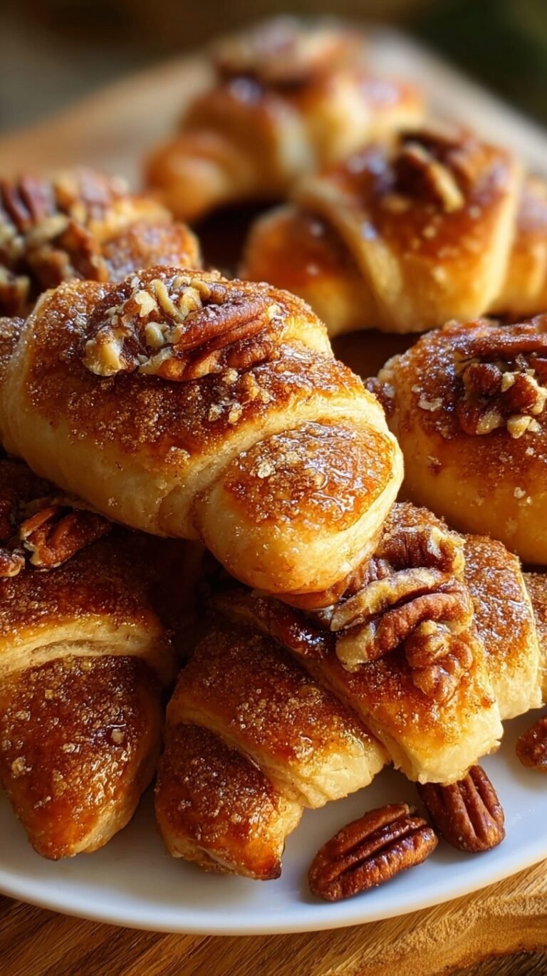 Golden brown pecan pie crescents on a baking sheet with bubbling caramel filling