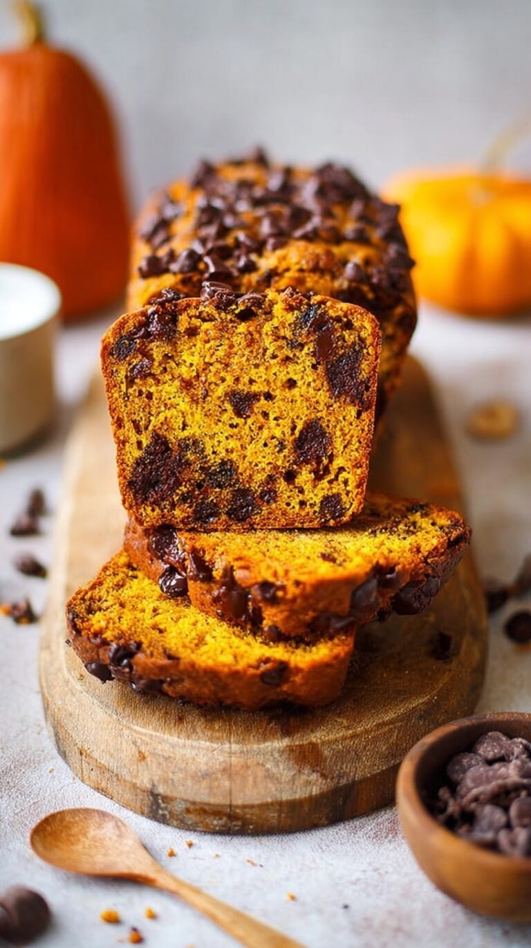 A golden loaf of Chocolate Chip Pumpkin Bread sliced on a wooden board with melted chocolate chips.