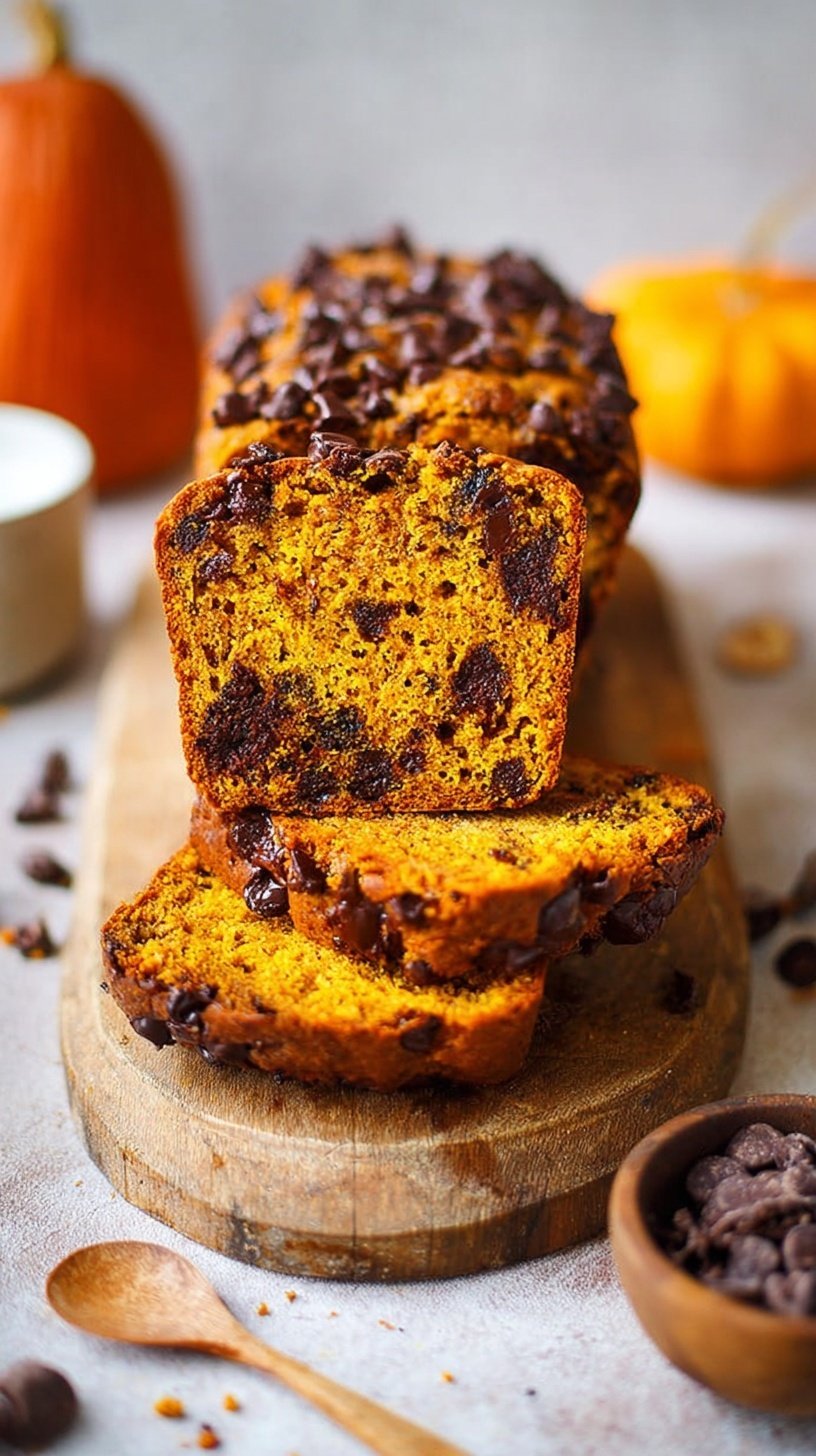 A golden loaf of Chocolate Chip Pumpkin Bread sliced on a wooden board with melted chocolate chips.