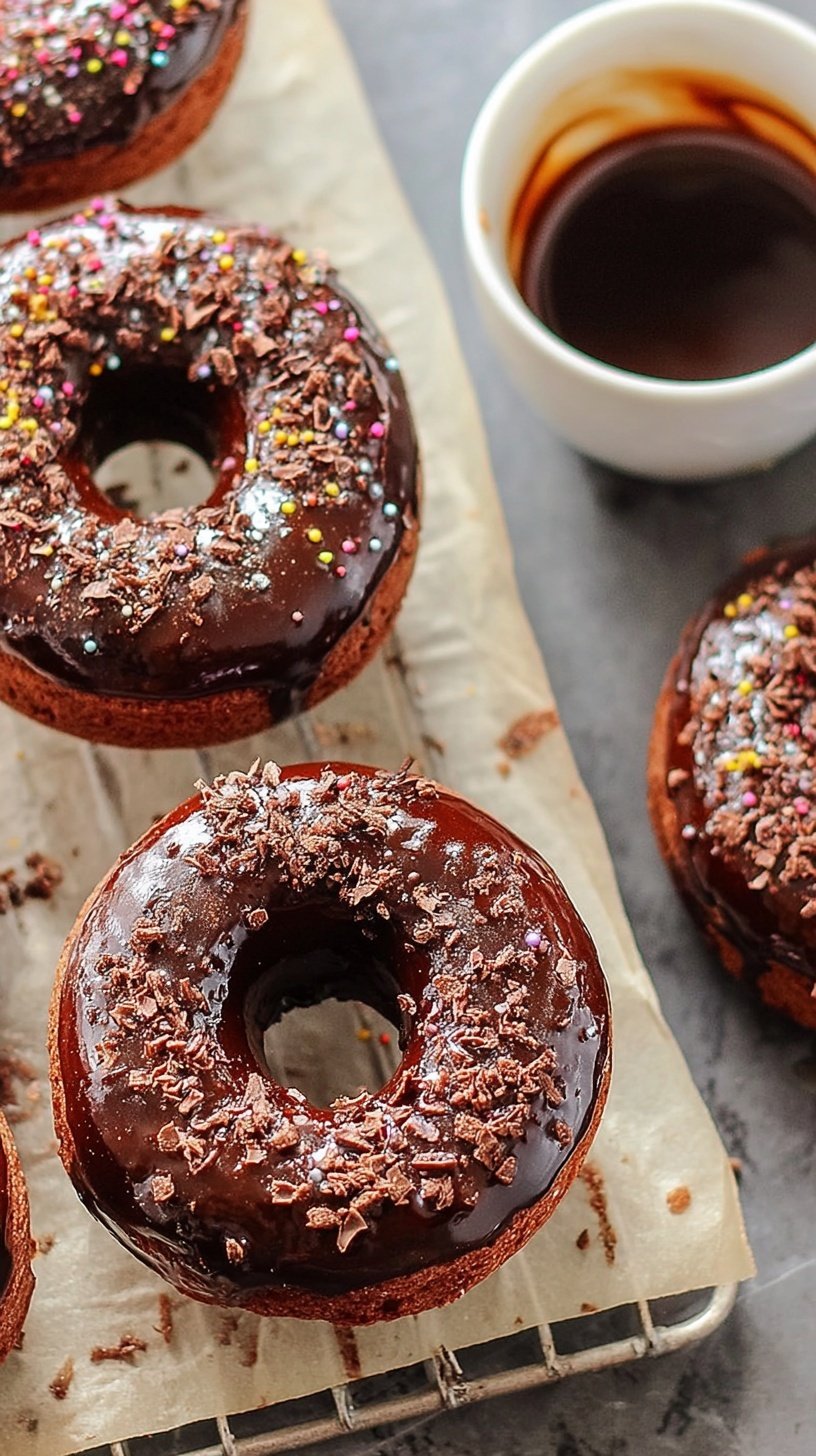 A tray of soft baked chocolate glazed donuts with shiny cocoa icing on a wire rack.