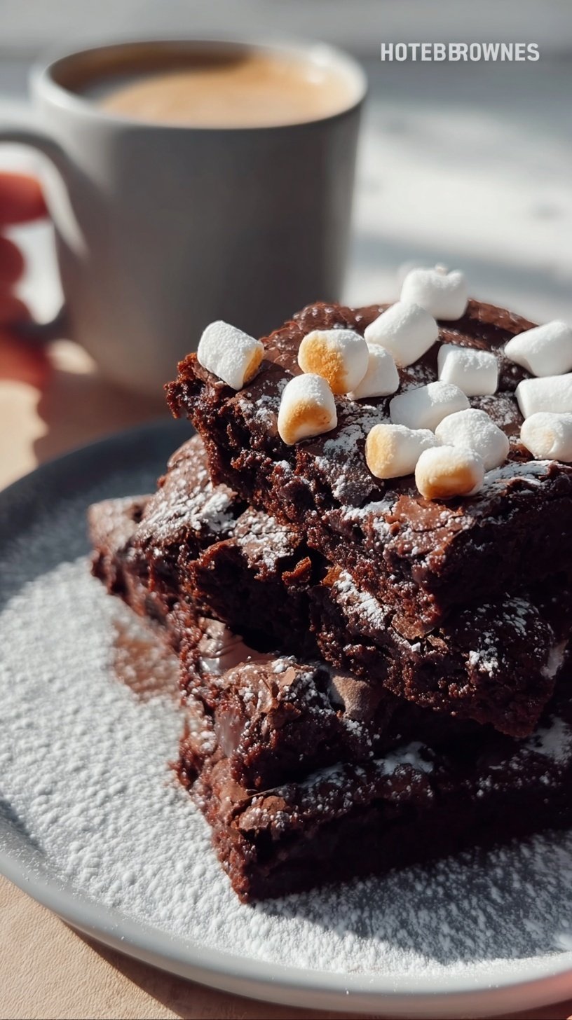 A stack of fudgy hot chocolate brownies topped with golden toasted mini marshmallows