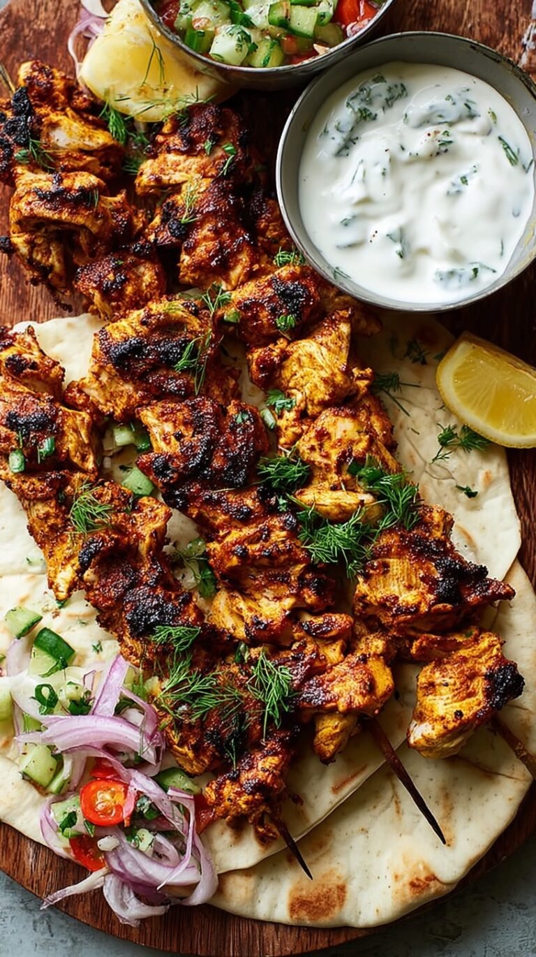 Skewers of grilled chicken shawarma with charred edges and golden spices on a platter.