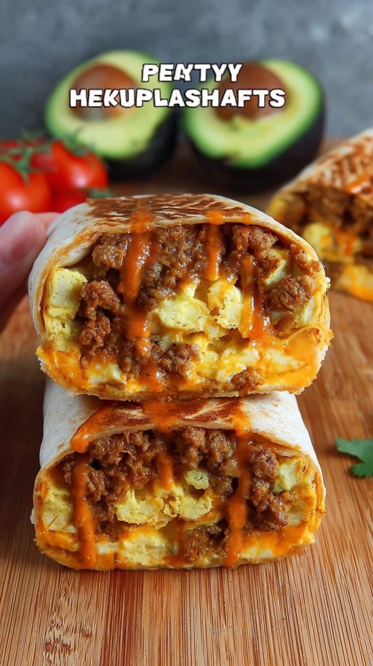 Four golden brown breakfast burritos stacked on a wooden board with sliced avocado and salsa