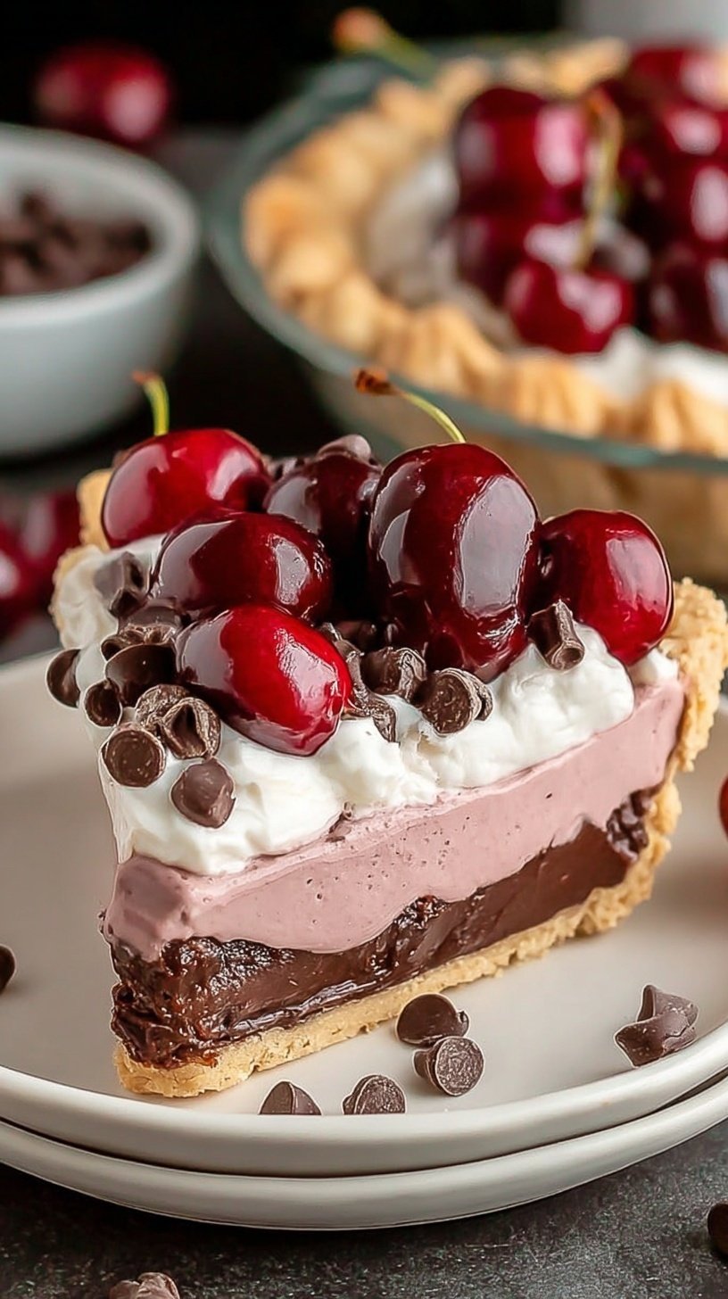 A slice of Chocolate Cherry Cream Pie showing layers of chocolate ganache, red cherry filling, and fluffy whipped cream.