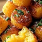 Golden brown mini cornbread poppers glazed with honey butter in a mini muffin tin.