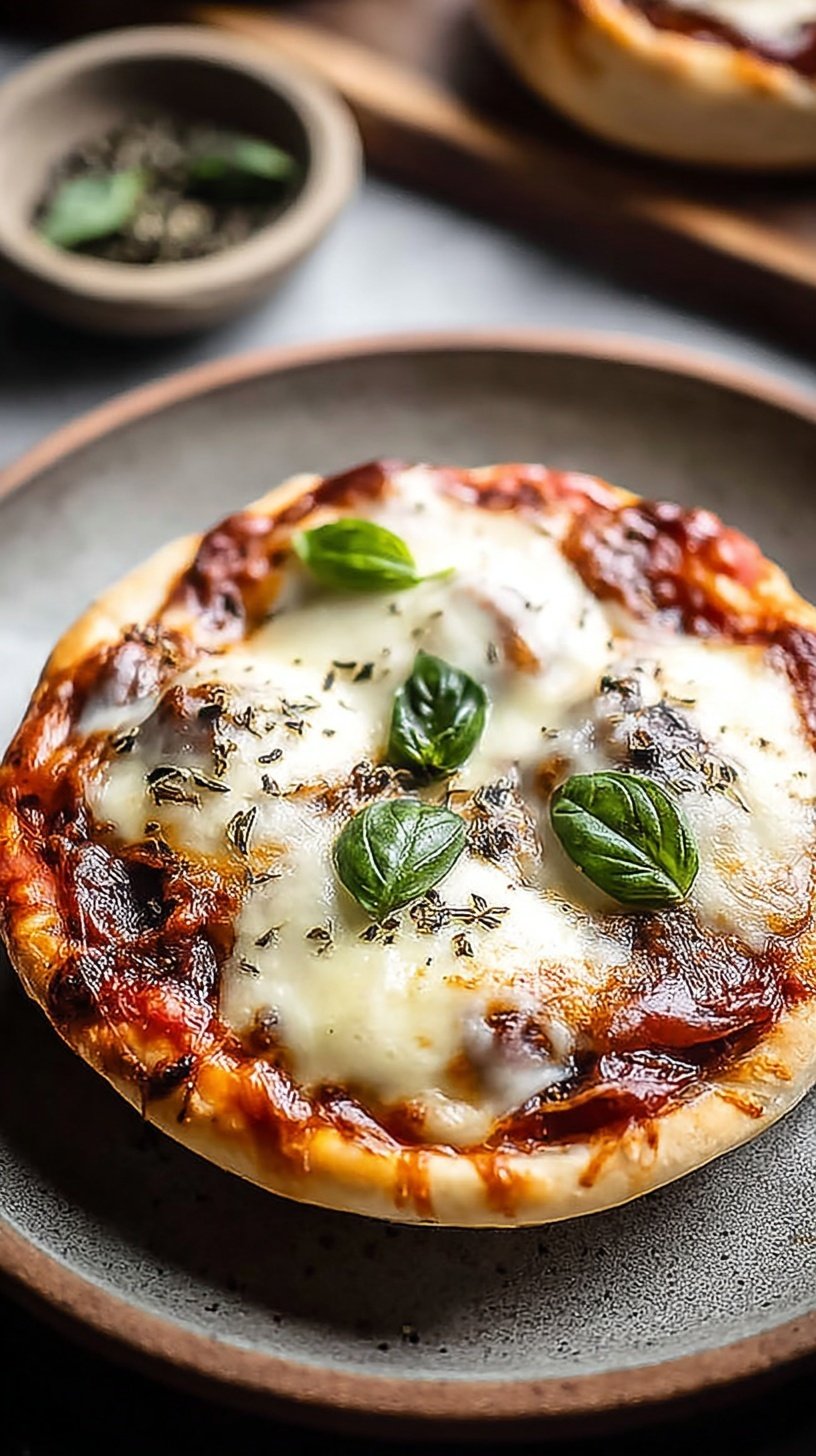 Individual golden-brown pizza pot pies being inverted onto white plates with melted cheese and pepperoni visible.