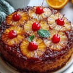 Golden pineapple upside-down cake with maraschino cherries on a white serving plate.