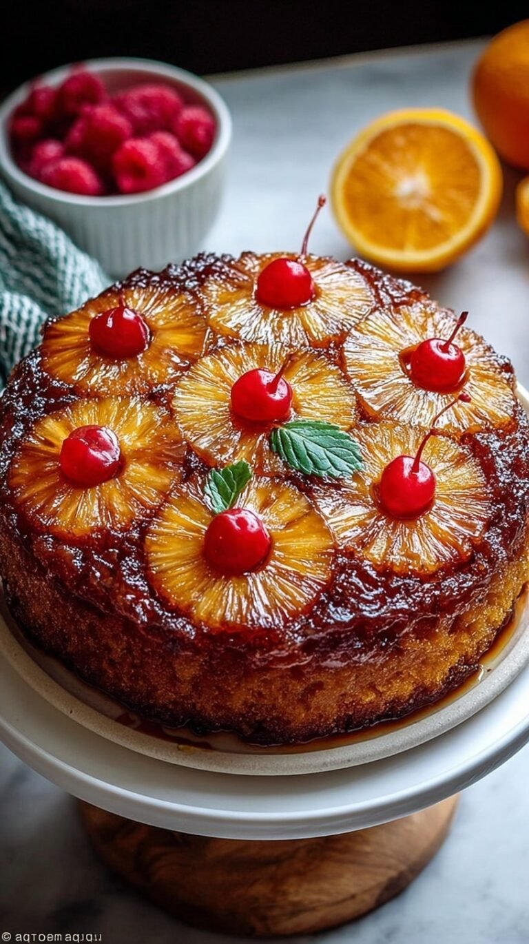 Golden pineapple upside-down cake with maraschino cherries on a white serving plate.