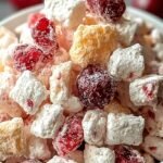 A bowl of pink cherry cheesecake puppy chow with dried cherries and graham cracker crumbs
