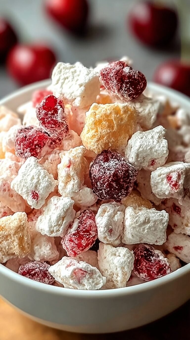 A bowl of pink cherry cheesecake puppy chow with dried cherries and graham cracker crumbs