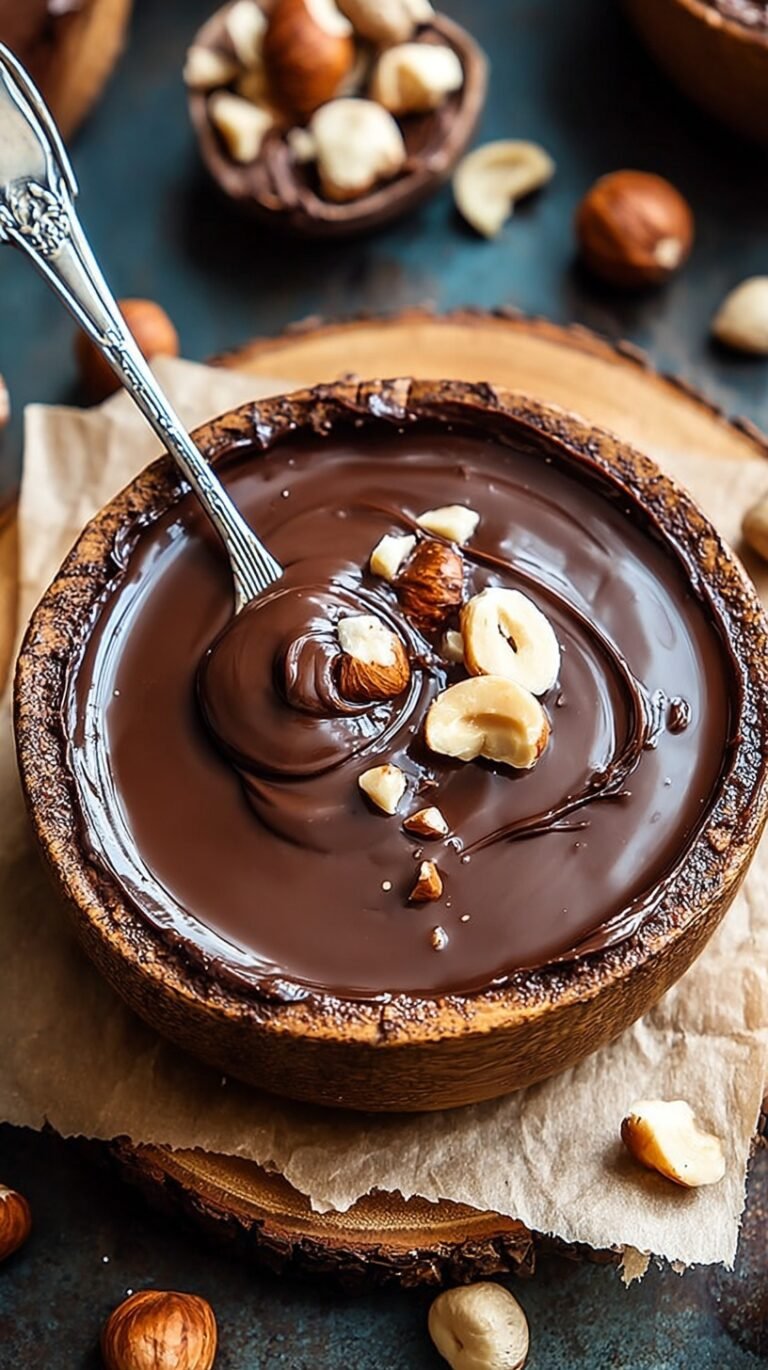 A glass jar filled with smooth, glossy homemade nutella next to a pile of roasted hazelnuts.