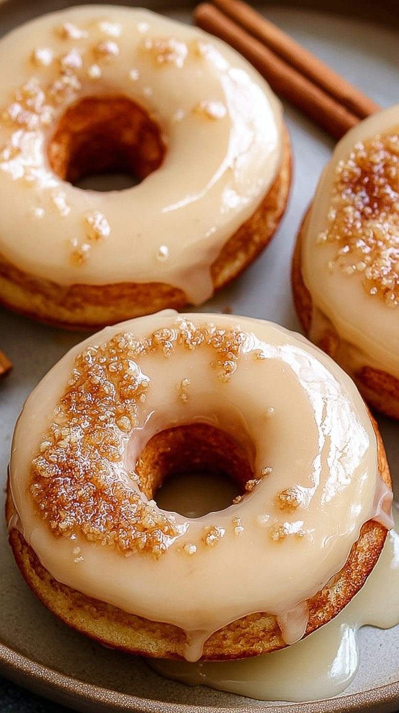 A stack of golden baked maple glazed donuts on a wire cooling rack with smooth maple glaze dripping down the sides.