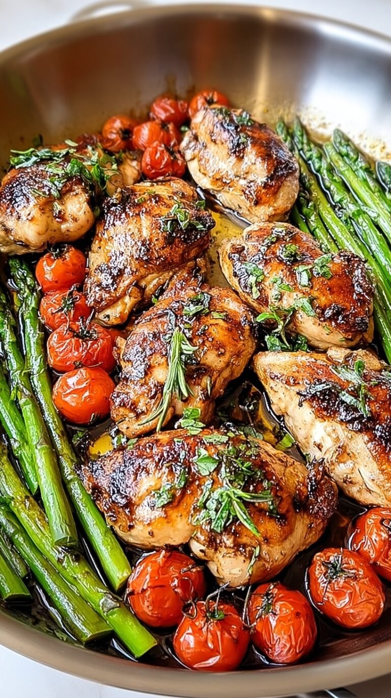 Golden pan-seared chicken breasts with green beans and cherry tomatoes in a balsamic glaze