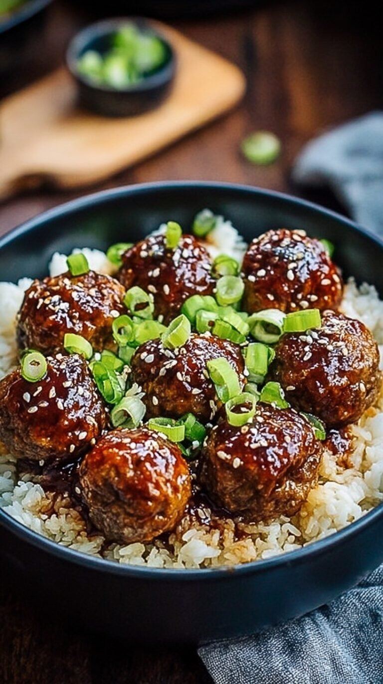 A golden baking dish filled with honey garlic meatballs, fluffy rice, and colorful peas and carrots.