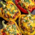 Colorful bell peppers stuffed with seasoned chicken, onions, and melted Monterey Jack cheese on a white plate.