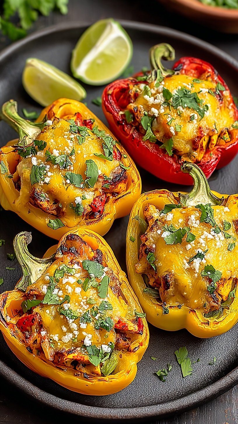 Colorful bell peppers stuffed with seasoned chicken, onions, and melted Monterey Jack cheese on a white plate.