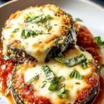 Golden brown breaded eggplant slices topped with melted mozzarella and red sauce in an air fryer basket.