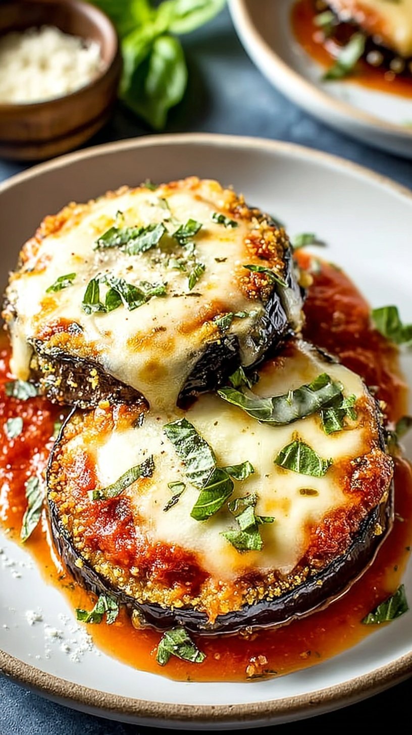 Golden brown breaded eggplant slices topped with melted mozzarella and red sauce in an air fryer basket.