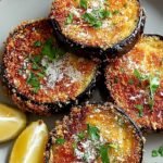 Golden brown crispy baked eggplant slices arranged on a baking sheet with a side of marinara sauce.