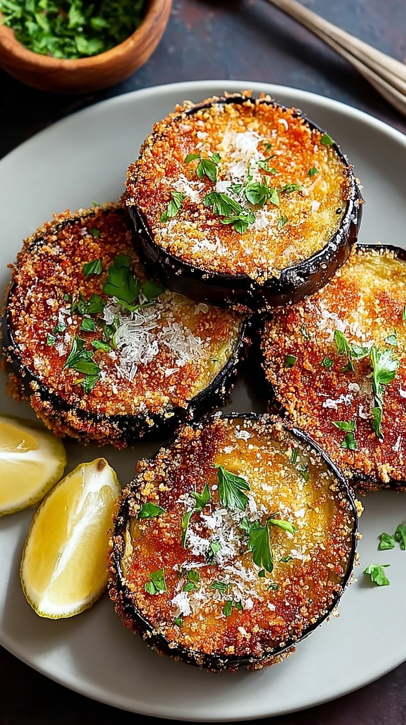 Golden brown crispy baked eggplant slices arranged on a baking sheet with a side of marinara sauce.