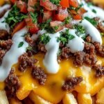A tray of crispy golden fries topped with seasoned ground beef, melted cheddar cheese, nacho sauce, bacon, and green onions.