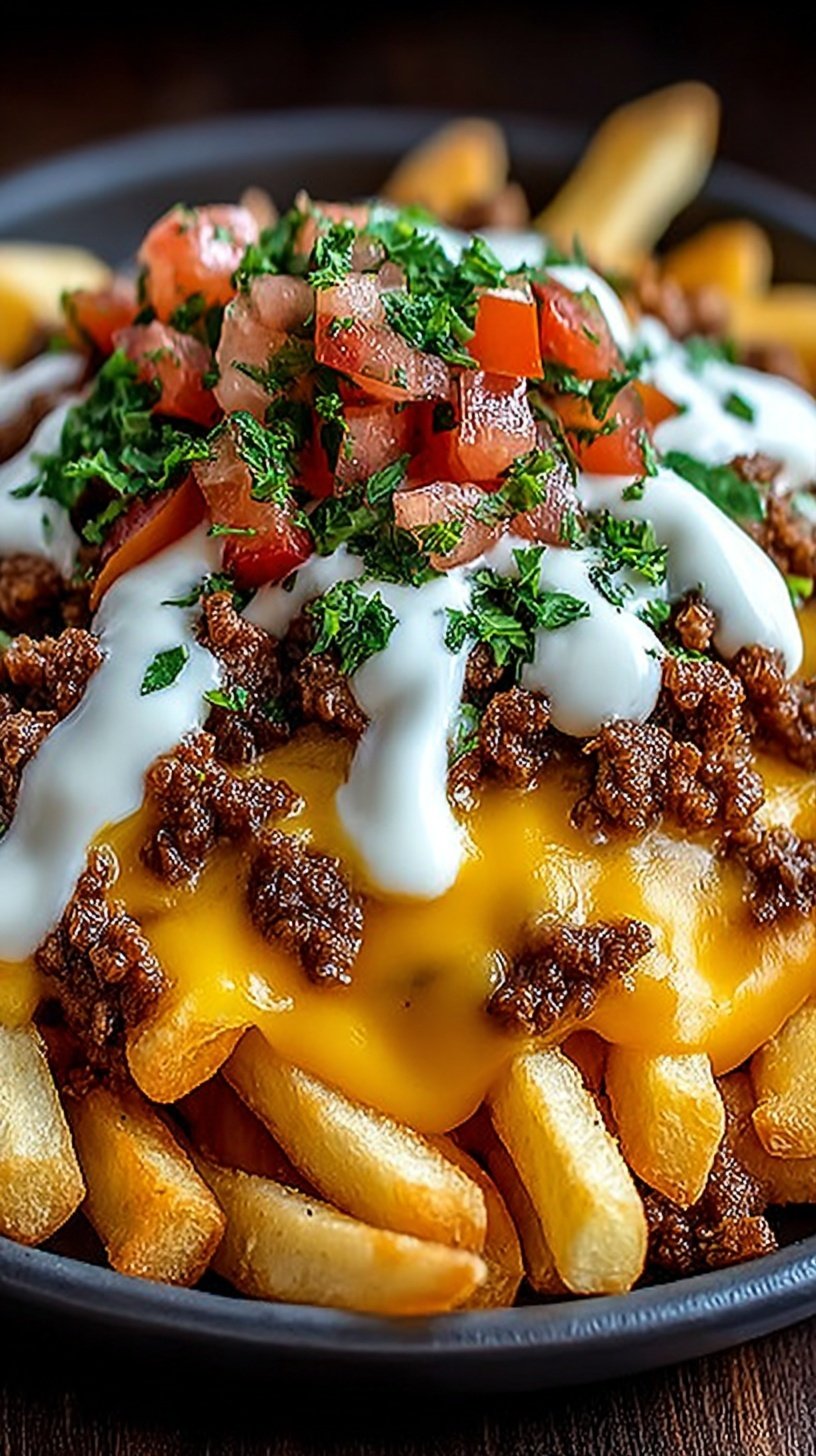 A tray of crispy golden fries topped with seasoned ground beef, melted cheddar cheese, nacho sauce, bacon, and green onions.