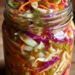 A colorful bowl of Sweet & Spicy Pickle Slaw with shredded cabbage and diced pickles.