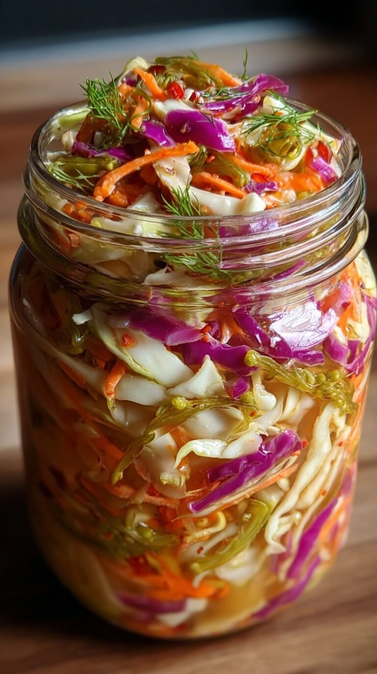 A colorful bowl of Sweet & Spicy Pickle Slaw with shredded cabbage and diced pickles.