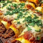 A baking dish filled with cheesy pizza enchiladas topped with pepperoni and melted mozzarella cheese.