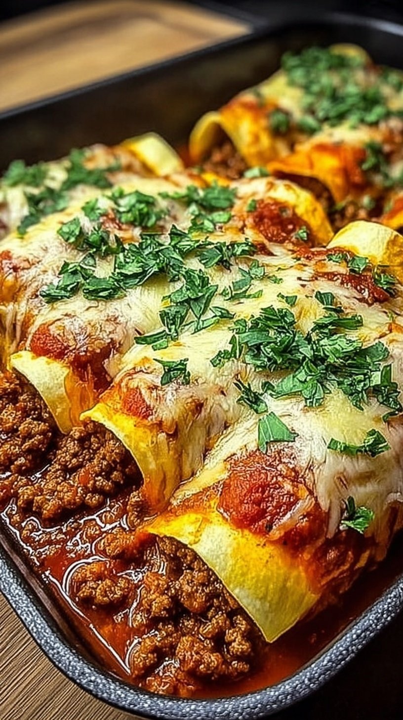 A baking dish filled with cheesy pizza enchiladas topped with pepperoni and melted mozzarella cheese.