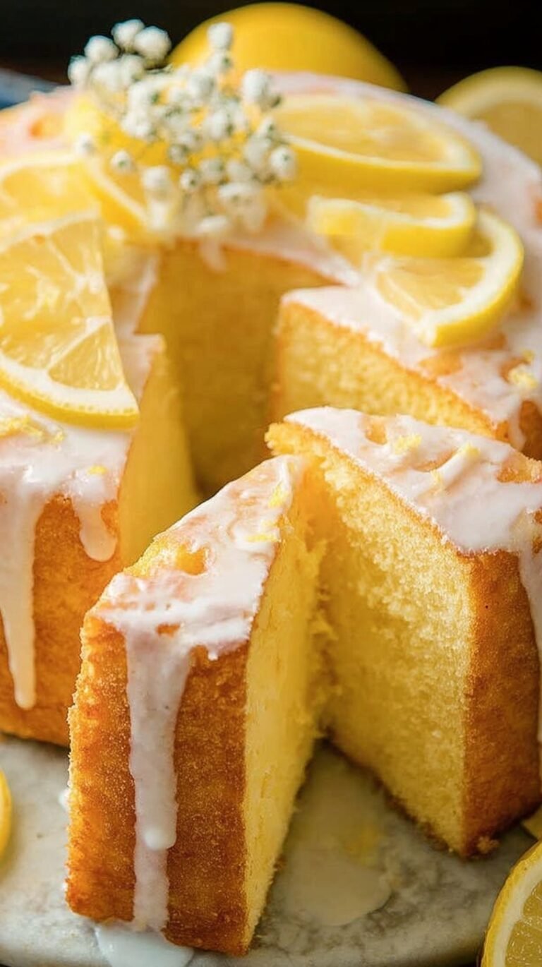 A golden, glazed Keto Lemon Pound Cake sliced on a wooden board with lemon slices.