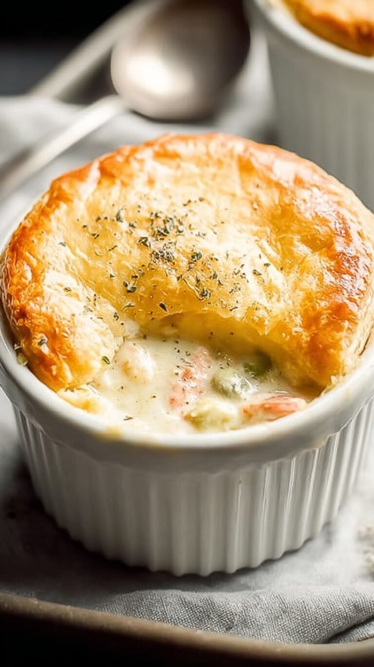 A golden brown Keto Chicken Pot Pie in a white ceramic dish with a slice removed to show the creamy chicken filling.